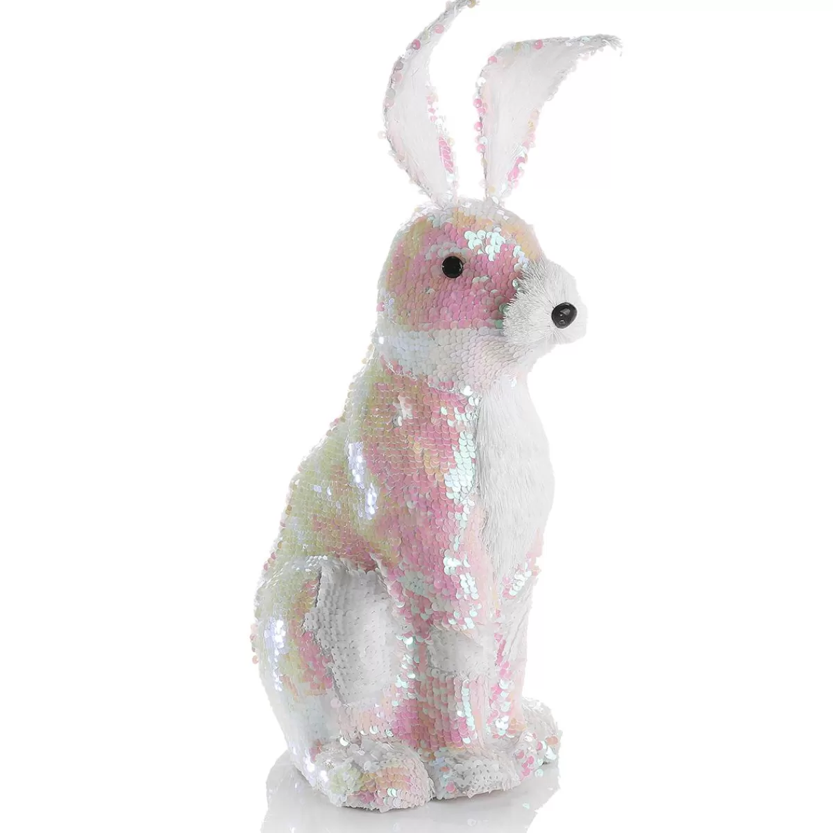 DecoWoerner Decorative Easter Bunny With Reversible Sequins Iridescent- 42 Cm