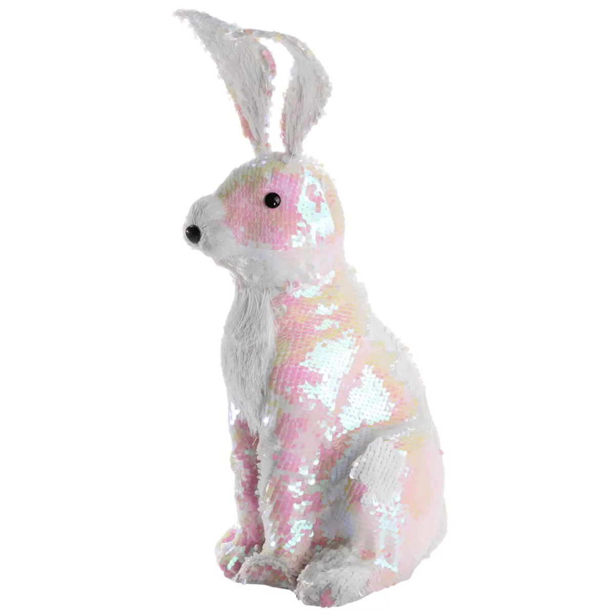 DecoWoerner Decorative Easter Bunny With Reversible Sequins Iridescent- 42 Cm