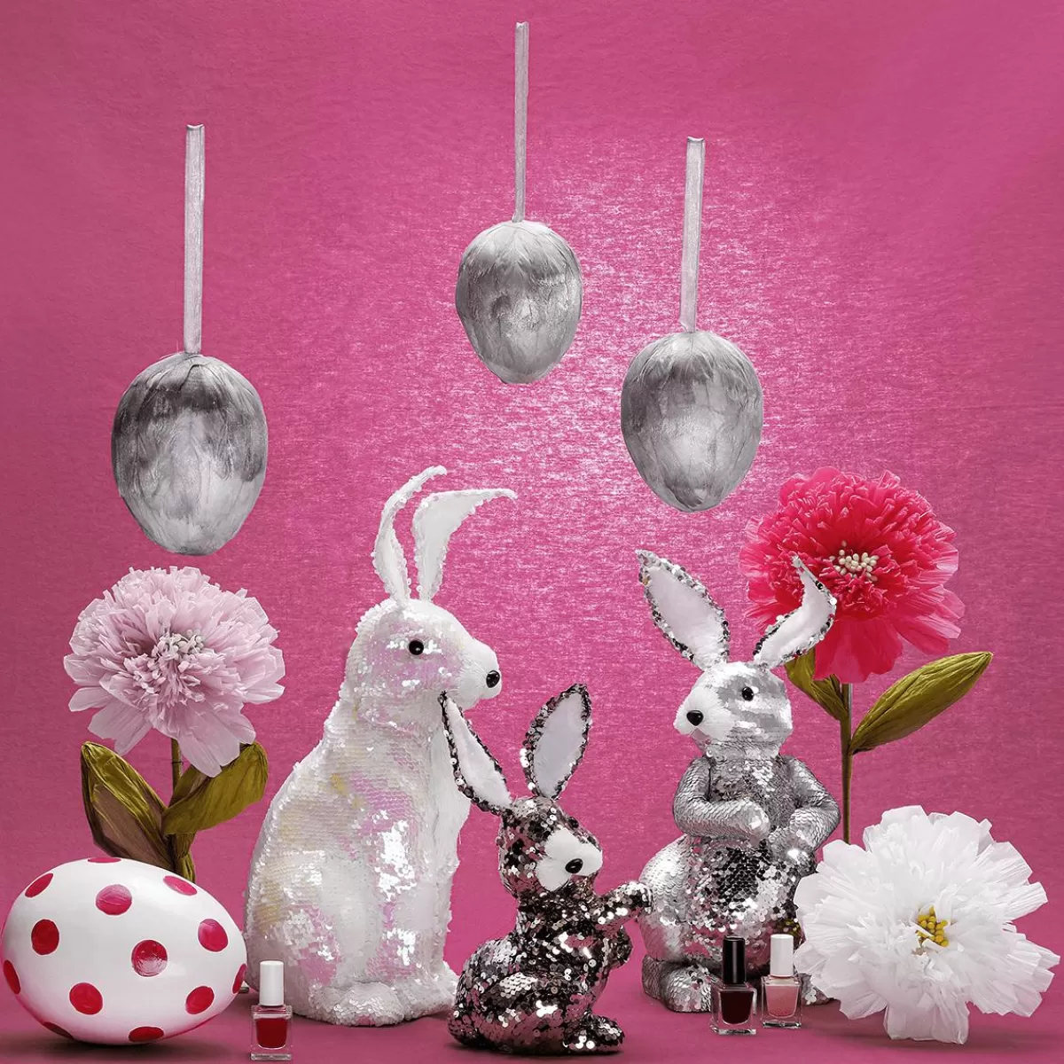 DecoWoerner Decorative Easter Bunny With Reversible Sequins Iridescent- 42 Cm