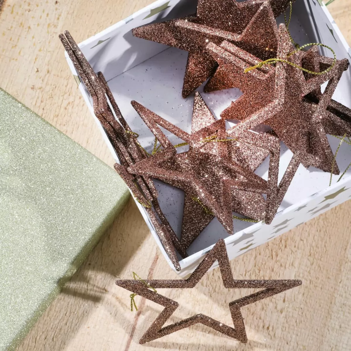 DecoWoerner Decorative Glitter Stars Nougat, Ø 10 Cm, 10 Pcs