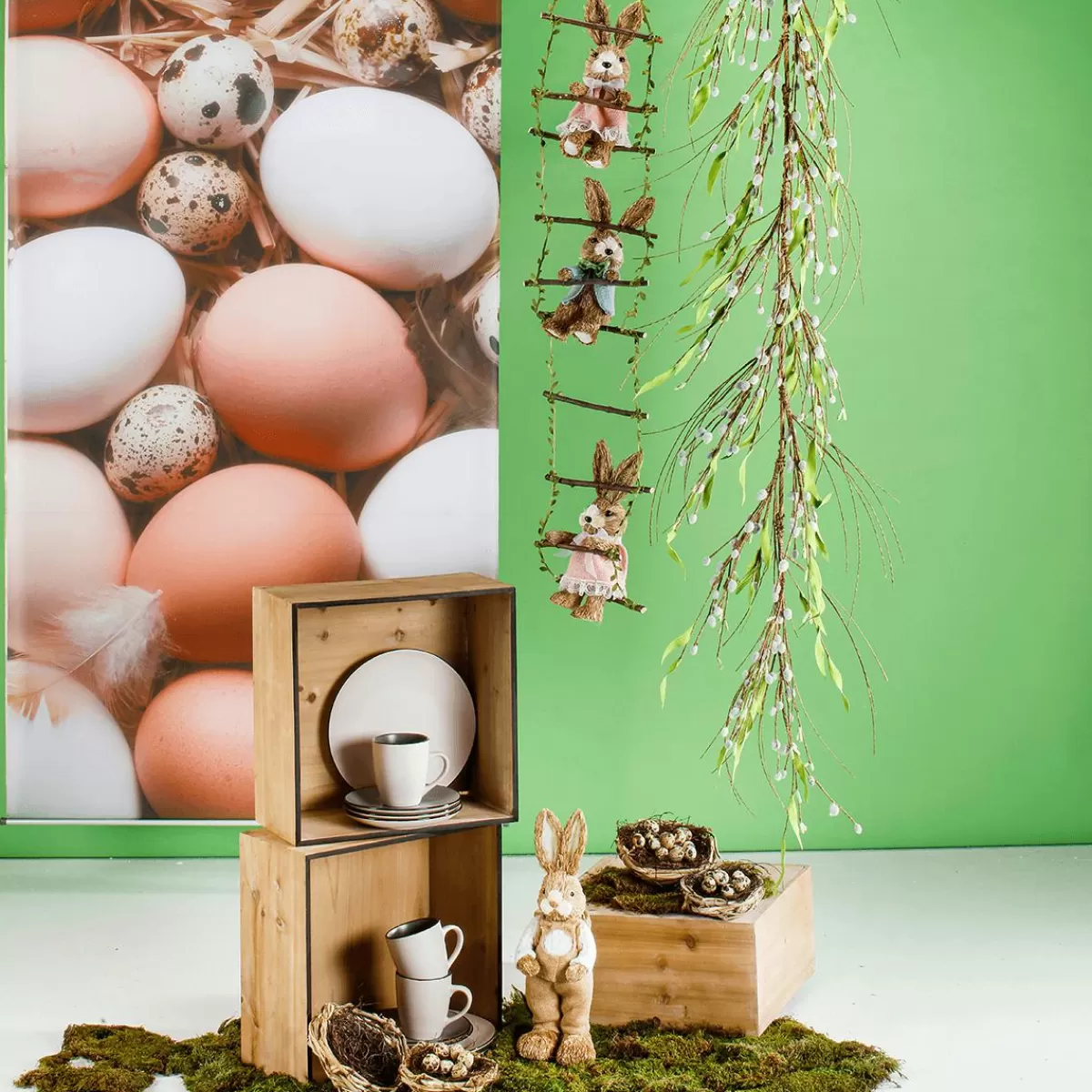 DecoWoerner Decorative Hanger "Bunnies On Wooden Ladder", 120 Cm Long