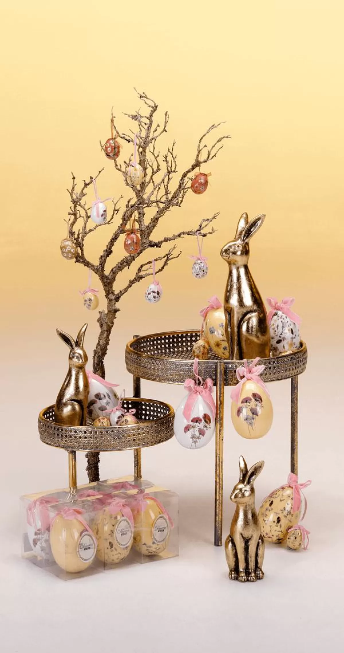 DecoWoerner Easter Egg Set, 5cm & Brown With Flower Pattern & Bow 8pcs.
