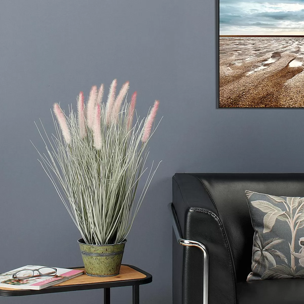 DecoWoerner Fine Decorative Feather Bristle Grass In Silver- In A Noble Zinc Pot 57 Cm