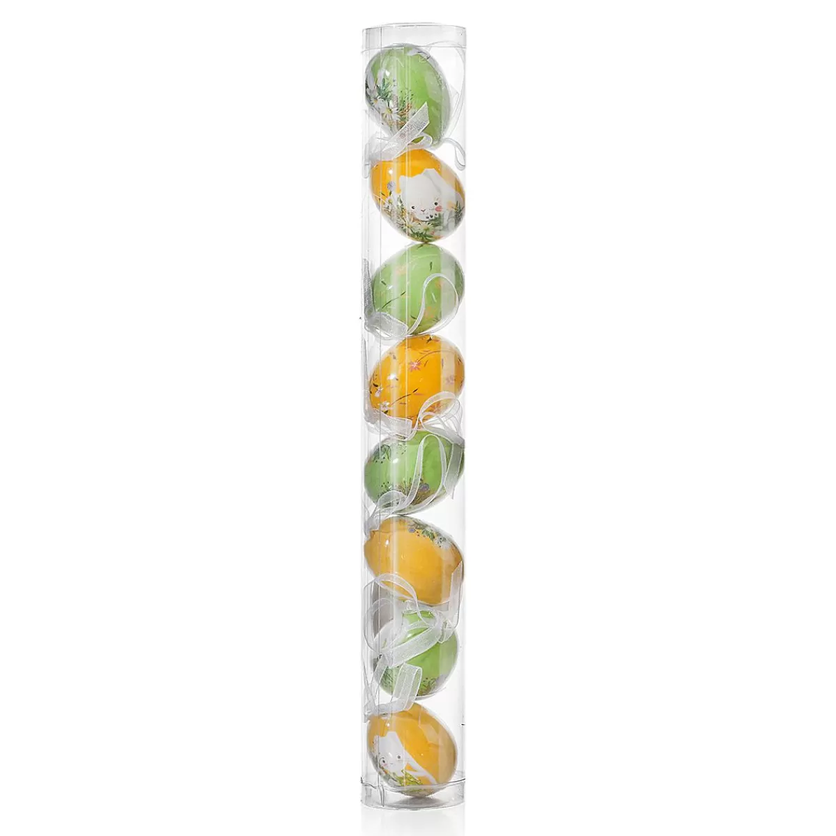 DecoWoerner Foam Easter Egg Set To Hang, Yellow With Bunny Pattern And Bow 8pcs.
