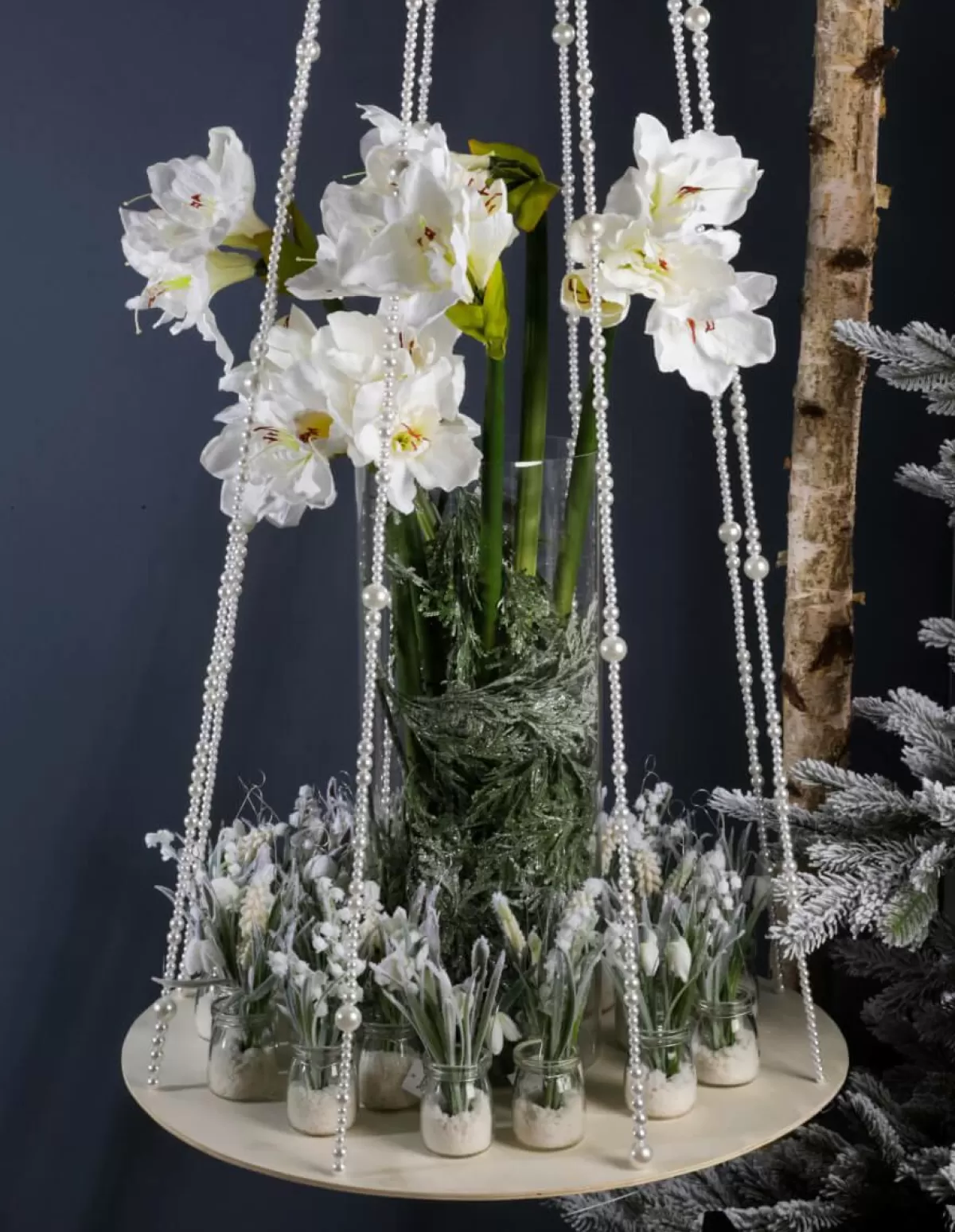 DecoWoerner Hanging Tablet With Pearl Strings, Ø 60 Cm, Length 170 Cm