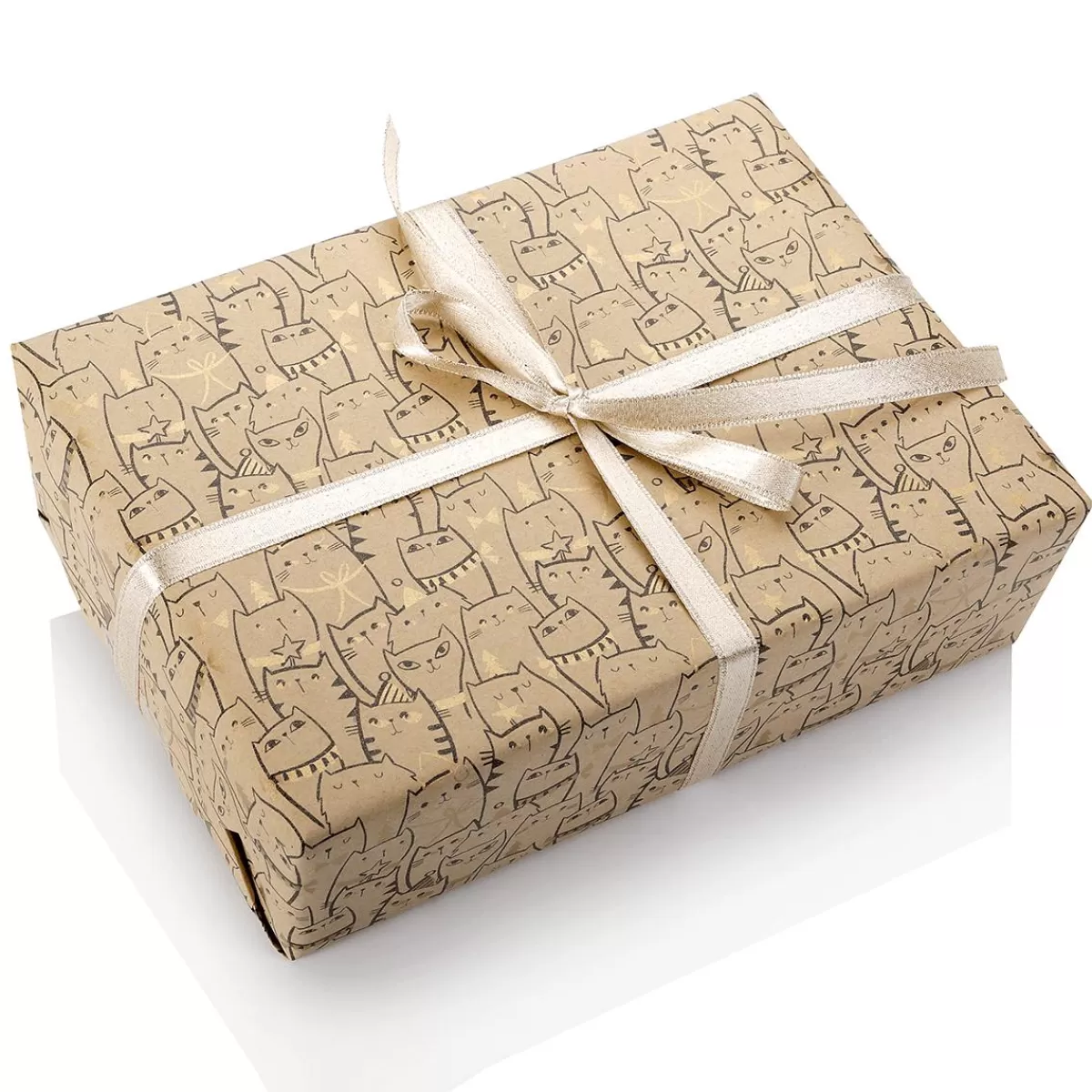 DecoWoerner Recycled Kraft Paper With Cats & Golden Details - 50 M Wrapping Paper Roll
