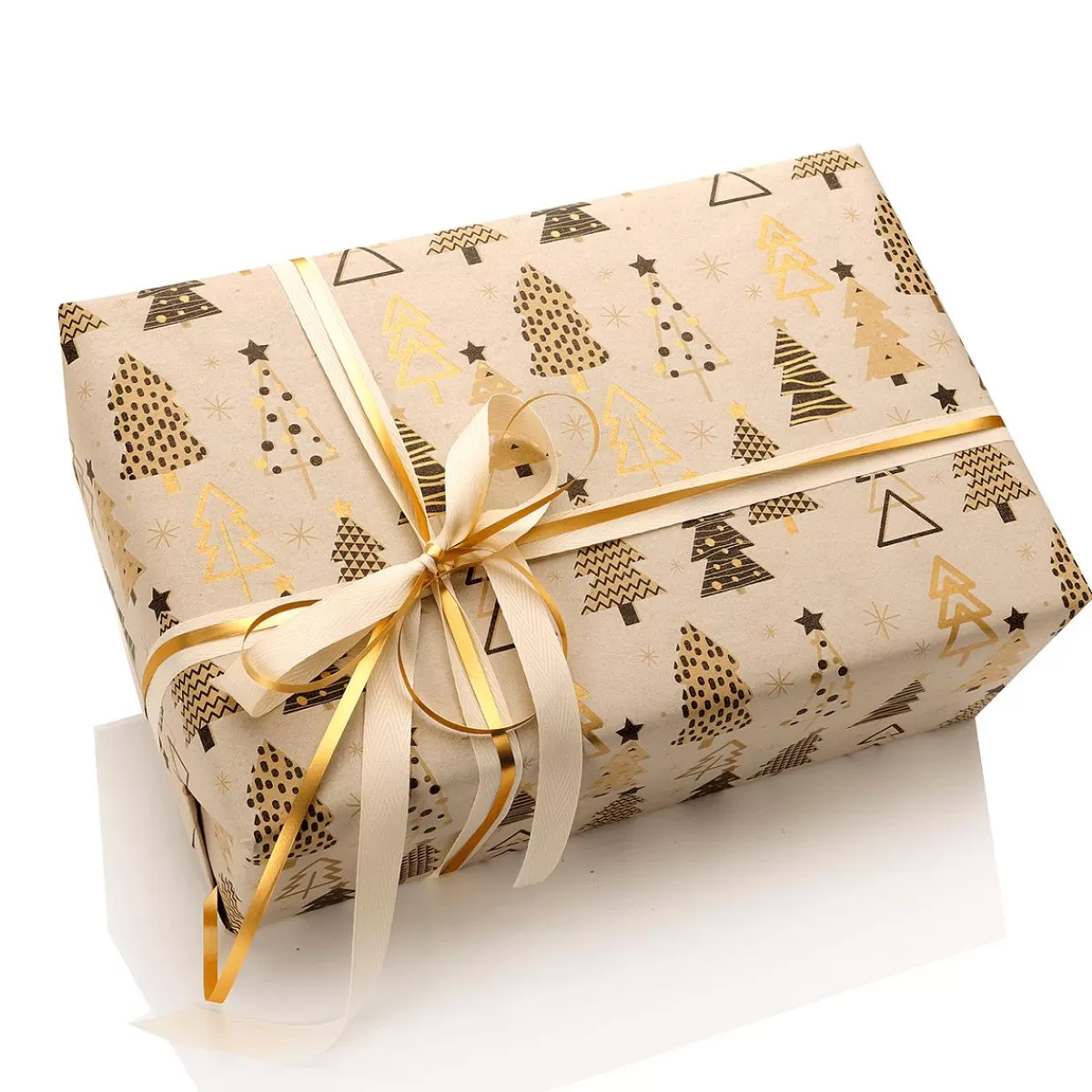 DecoWoerner Recycled Kraft Paper With Christmas Trees In Beige, Black & Gold - 50 M Wrapping Paper Roll